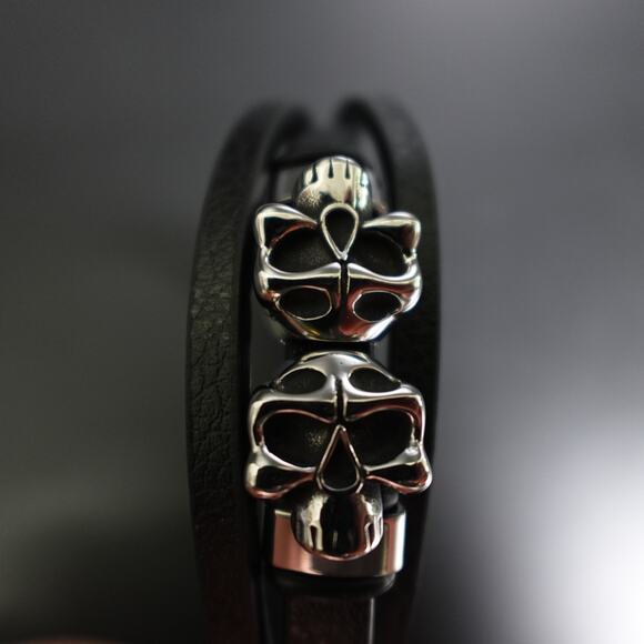 Stainless Steel Leather Bracelet W/ Skulls Accent SBR-788 - Picture 6 of 9